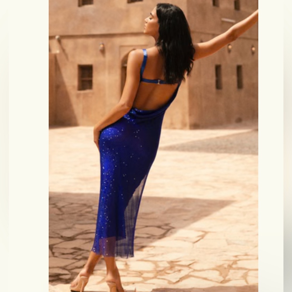 Meshki Mehry Diamante Mesh Cowl Dress - Persian Blue XS/S